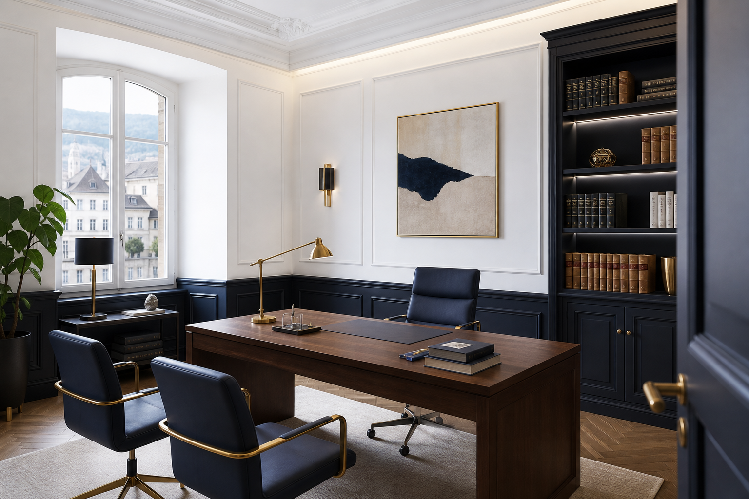AI generated Swiss law office interior for Luna Recovery Experts counsel